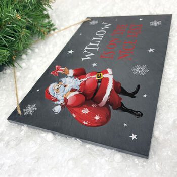 Personalised Cartoon Santa Nice List Slate Hanging Sign 25 X 15cm, 3 of 6