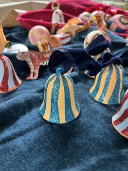 Stripped Hand Painted Ceramic Bell Bauble In Golden Yellow With Sparkly Turquoise Detail, 4 of 10