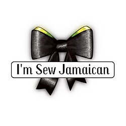 Black satin bow with I'm Sew Jamaican text inside a rectangle box.