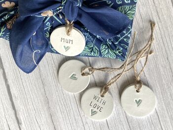 Mum Gift Set Fabric Wrap And Four Handcrafted Clay Tags, 2 of 6