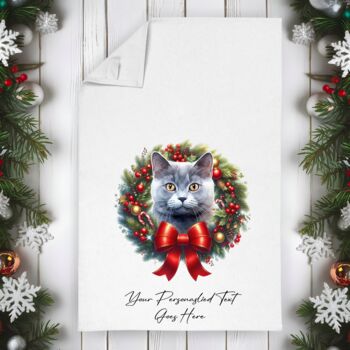 Personalised Cat In Christmas Wreath Gift Tea Towel, 11 of 12