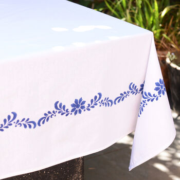 White Tablecloth With Navy Blue Border, 2 of 3