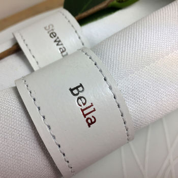 Set Of Four White Personalised Leather Napkin Rings, 7 of 9