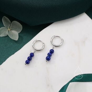 Sterling Silver Genuine Lapis Lazuli Stone Trio Huggie Hoop Earrings, 3 of 10