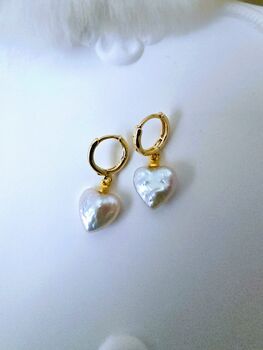 Irregular Baroque Pearl 16k Gold Plated Heart Drop Earrings, 3 of 7
