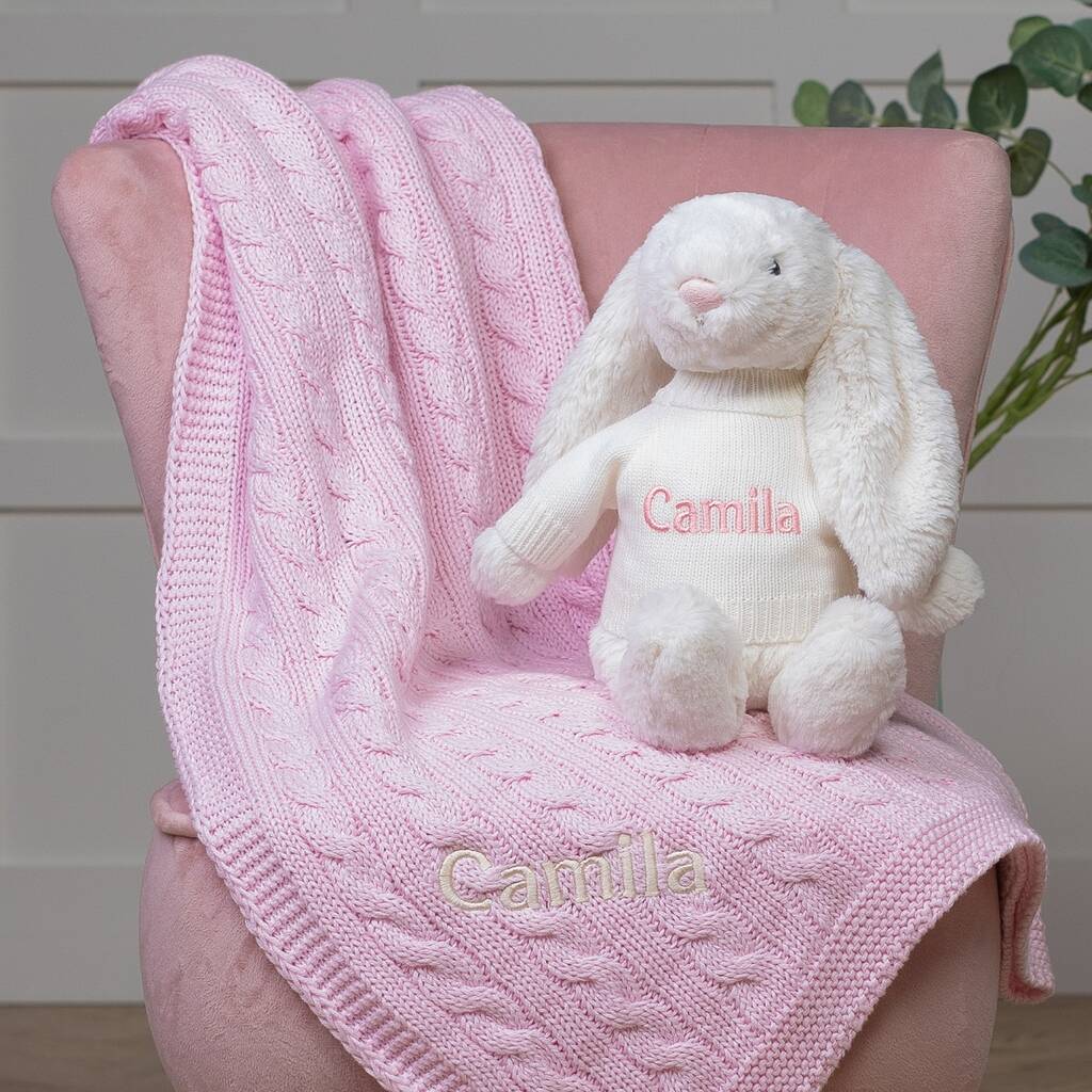 Personalised Blanket And Bashful Bunny In Pink/Cream, 1 of 7