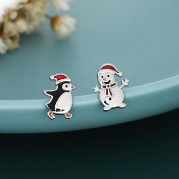 Mismatched Penguin And Snowman With Christmas Hat Stud Earrings In Sterling Silver, 2 of 12