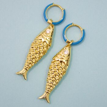 Colour My Fish Enamel Blue Hoop Drop Charm Earrings, 2 of 5