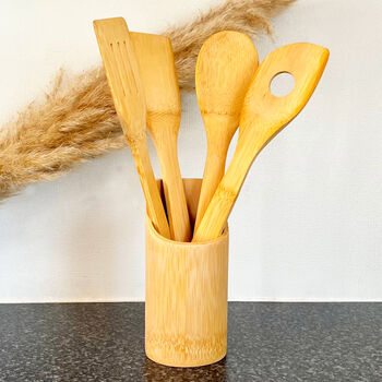Bamboo Wood Kitchen Utensil Set With Holder, 4 of 8