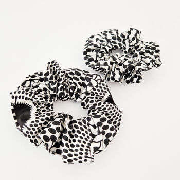 Two African Print Scrunchies | White Black Ayo Print, 5 of 5