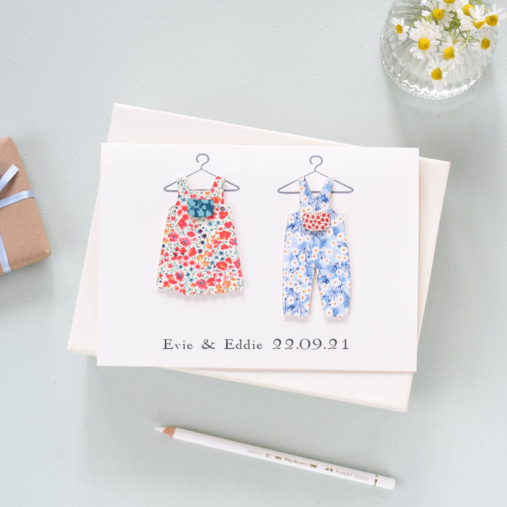 Liberty Print New Baby Twins Personalised Card, 1 of 4