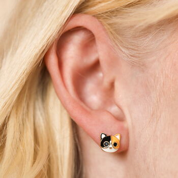 Enamel Cat Face Stud Earrings In Gold Plating, 3 of 5