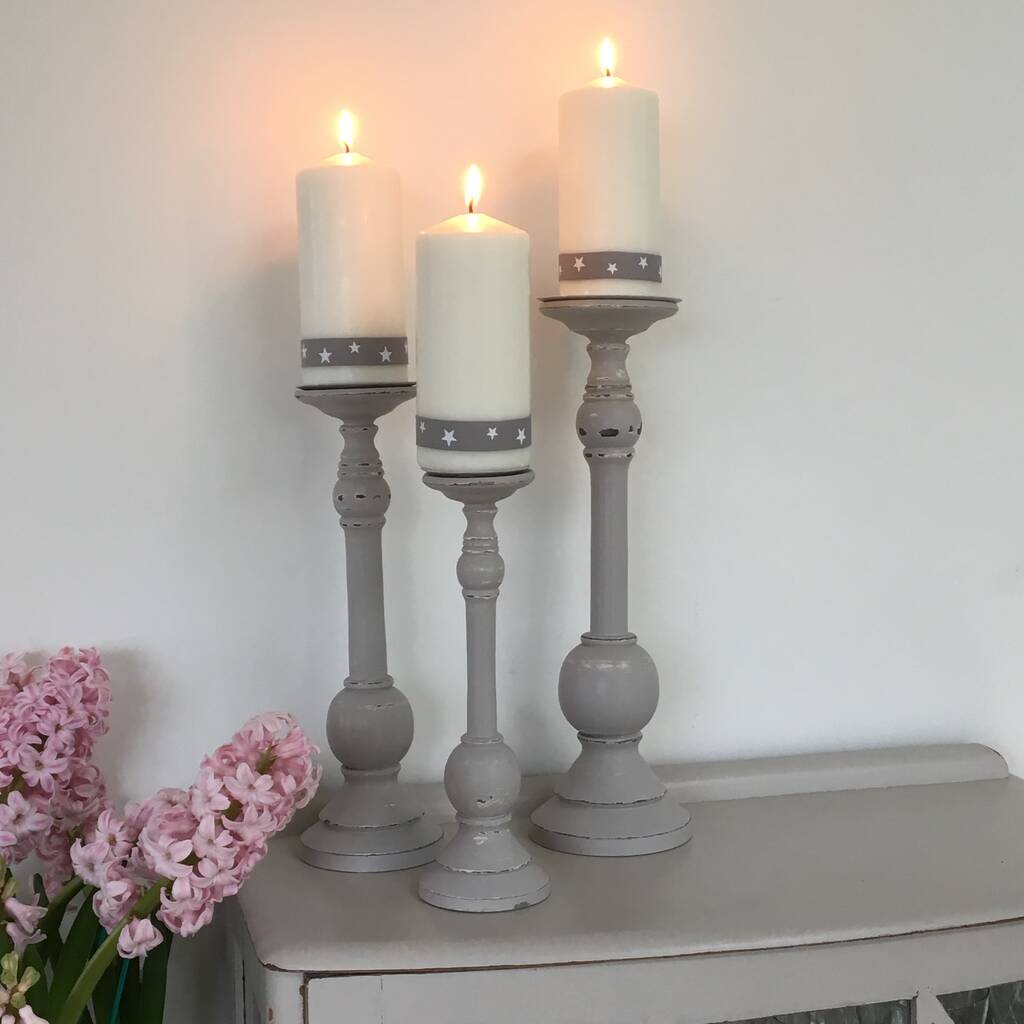 Set Of Three Vintage Painted Candlesticks By Chapel Cards