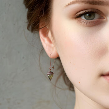 Small Speckled Green Oval Acorn Earrings, 2 of 10