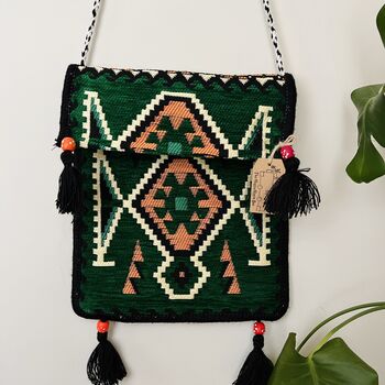 Handmade Emerald Green Turkish Kilim Shoulder Bag Boho, 5 of 5