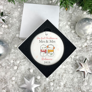 Couples Snowman Ceramic Disc Hanging Decoration Bauble + Gift Box, 2 of 7