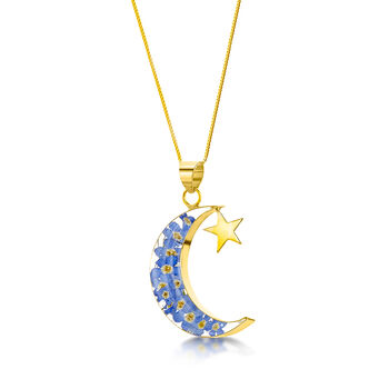Moon And Star Real Forget Me Not Sterling Silver Pendant Necklace Gold Plated Option, 2 of 11
