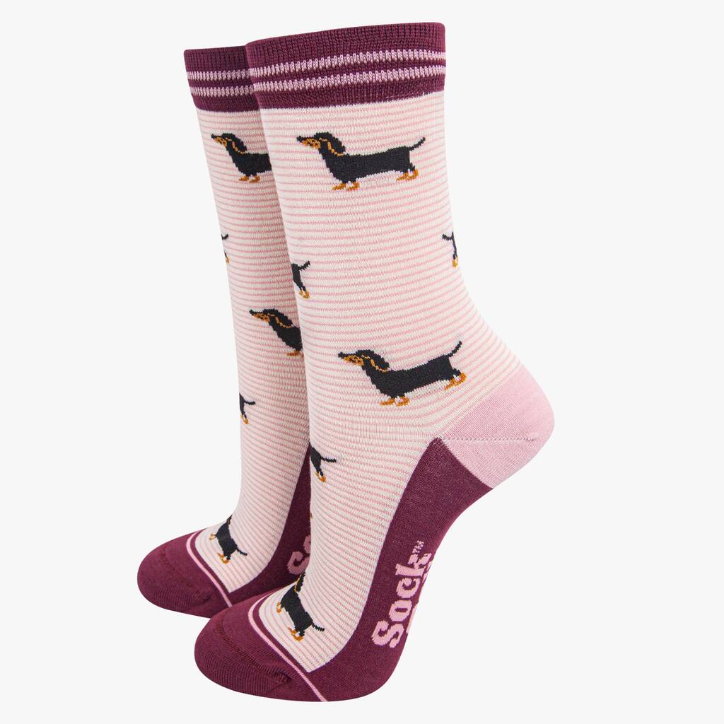 Sausage Dog Pinstripe Bamboo Ankle Socks Women's Berry Pink, 1 of 4