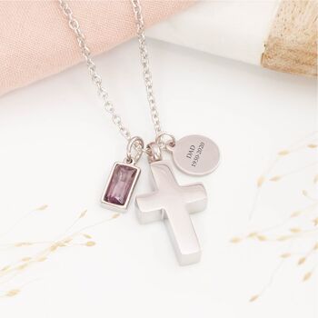 Personalised Cross Cremation Necklace With Birthstone, 2 of 7