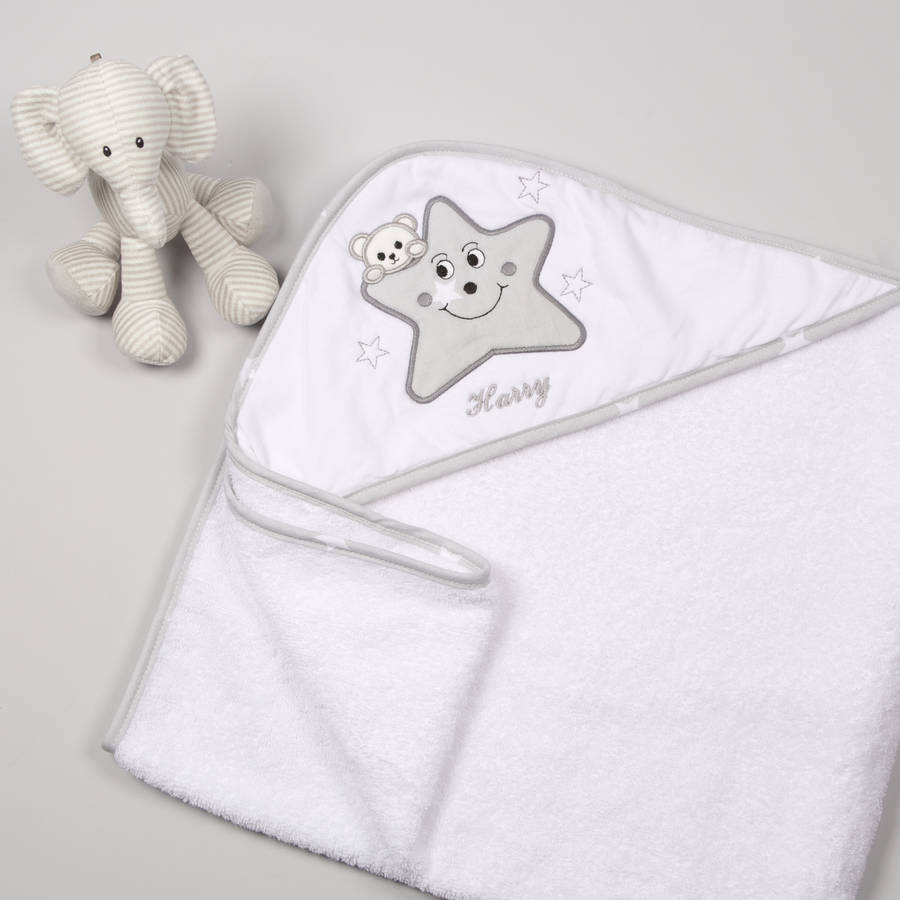 personalised baby boy hooded towels by the alphabet gift shop