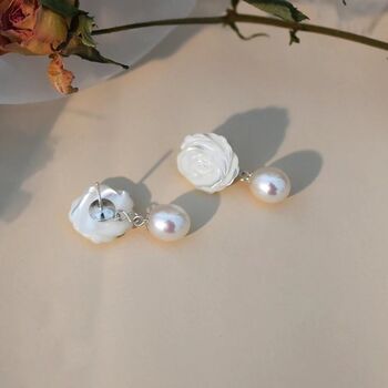 Nadia Roses White Ivory Pearl Drop Flower Gift Earrings, 2 of 2