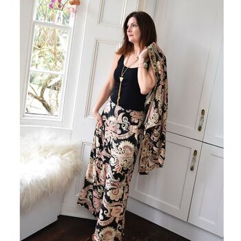 'Eira' Black, Rose And Gold Floral Baroque Viscose Palazzo Trousers, 5 of 6