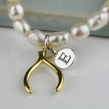 Personalised Freshwater Pearl Lucky Wishbone Bracelet, 4 of 7