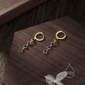 Sterling Silver Sapphire Blue Cz Dangle Chain Huggie Hoop Earrings, 4 of 12
