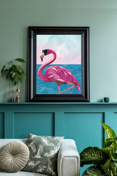 Metallic Gold Pink Flamingo With Beach Sea Scene Print, 3 of 3