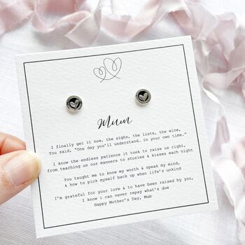 Sterling Silver Heart Stud Earrings With ‘Mum’ Poem Gift Card – Meaningful Mother’s Day Gift, 4 of 10