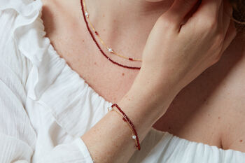 Clara Double Chain Necklace With Red Spinel And Pearls, 3 of 4