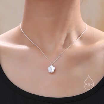 Sterling Silver Genuine Flower Shape Baroque Pearl Pendant Necklace, 7 of 12