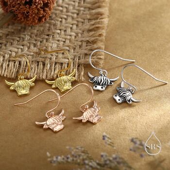 Sterling Silver Highland Cow Drop Dangling Hook Earrings, 7 of 11