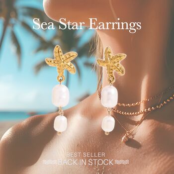 Sea Star Freshwater Pearl Earrings 18k Gold Plated Titanium, Hypoallergenic + Waterproof, 7 of 7