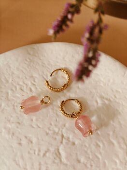 Natural Rose Quartz Lily Twisted Huggie Hoop Earrings, 2 of 10