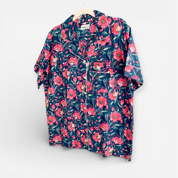 Navy And Pink Block Print 100% Cotton Ladies Pyjama Short Set, 2 of 6