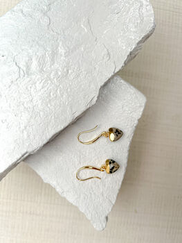 Dalmation Jasper Small Heart Real 18k Gold Plated Earrings, 2 of 4
