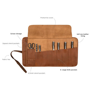 Personalised Brown Leather Knife Roll With Zip Pocket, 3 of 10