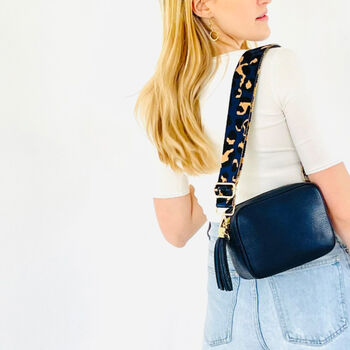 Navy Leather Crossbody Bag With Navy And Gold Strap, 7 of 9