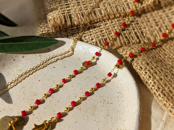 Dainty Red And Gold Fine Glasses Chain Adorned With Brass Hexagons, 2 of 6