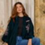 Wild Flowers And Butterflies Teal And Pink Velvet Embroidered Short Kimono, thumbnail 7 of 10