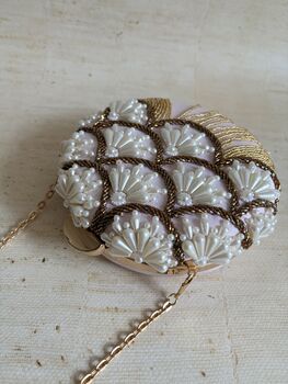 Pink Handcrafted Pearl Circular Clutch, 6 of 9