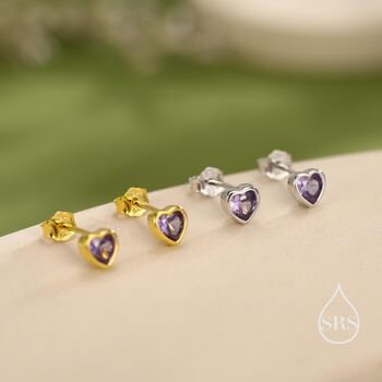 Tiny Amethyst Purple Cz Heart Stud Earrings, 6 of 12
