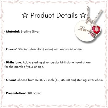 Engraved Necklace With Birthstone Heart Charm, 5 of 7