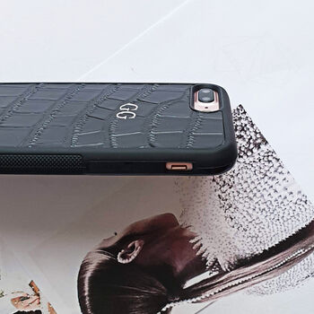 Black Croc Effect Leather Monogram Phone Case, 5 of 11