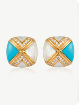 Gold Genuine Turquoise Stone Earrings With Mother Of Pearl, 4 of 7