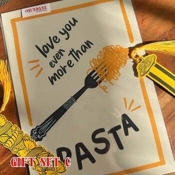 Pasta Gift Sets For Carb Lovers And Foodies – “Let’s Eat Pasta” And “Love You More Than Pasta” A4 Art Prints, Tomato Charm Earrings, Bookmark And Greeting Card, 4 of 12