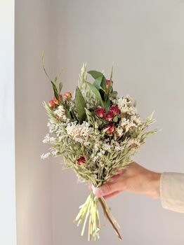 Dried Statice Bouquet With Red Spray Roses And Foliage, 2 of 5