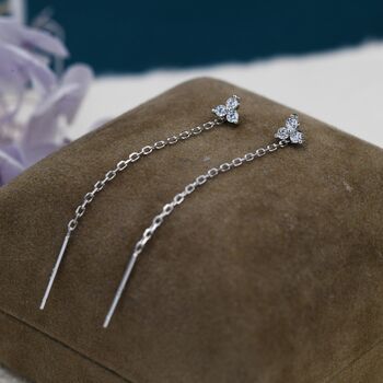 Sterling Silver Cz Trio Flower Threader Earrings, 7 of 11