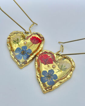 Real Blue Red Flowers Pendant Gold Leaf Earrings Hand Made, 3 of 9